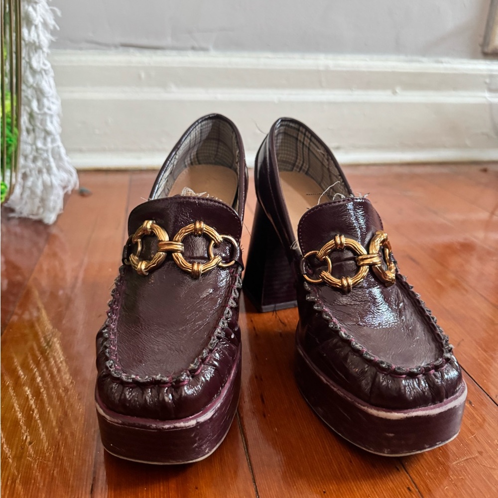 Burgundy and Gold Loafers with Platform Sole and Decorative Hardware